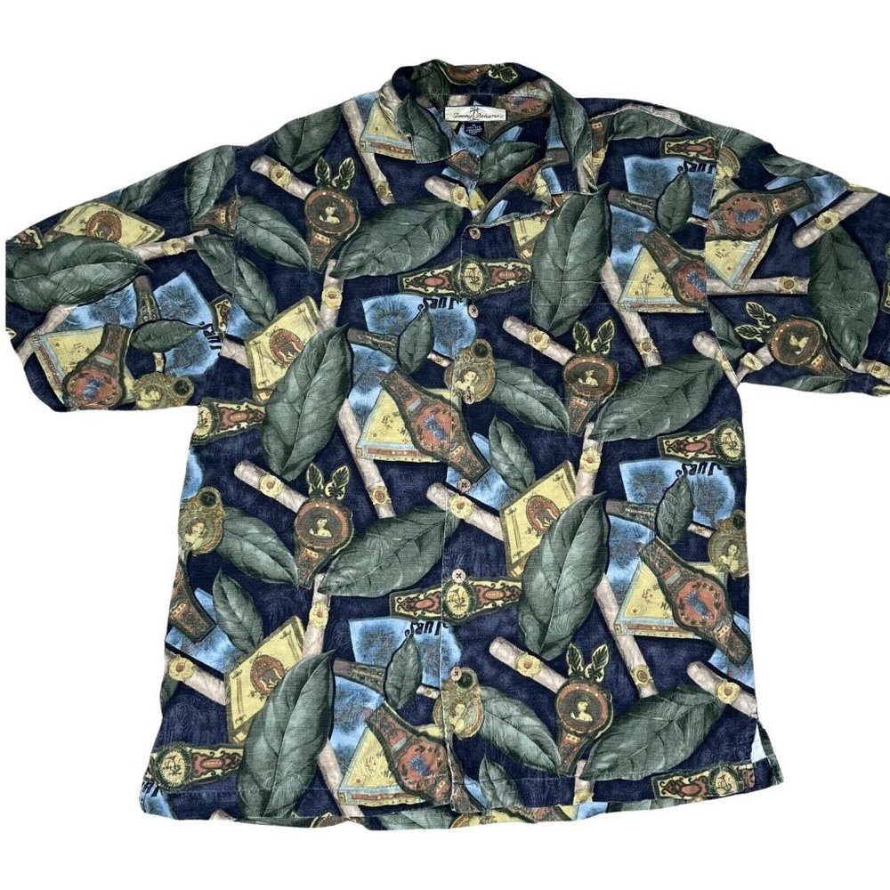 Tommy Bahama Mens Medium M Black Cuban Cigar Print 100% Silk Button Down Shirt